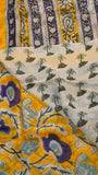 Yellow & Purple Vine Floral Handblocked Pure Georgette Saree