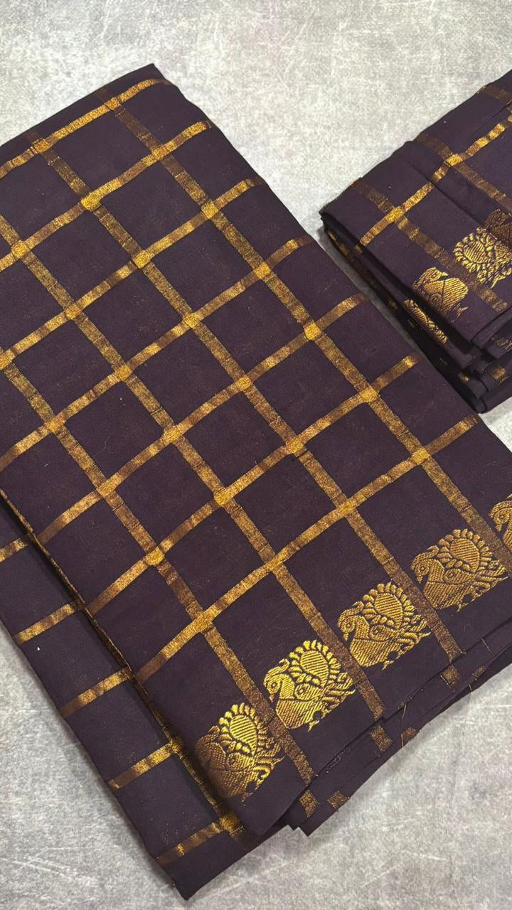 Brown Checkered Peacock Sungadi Pure Cotton Saree