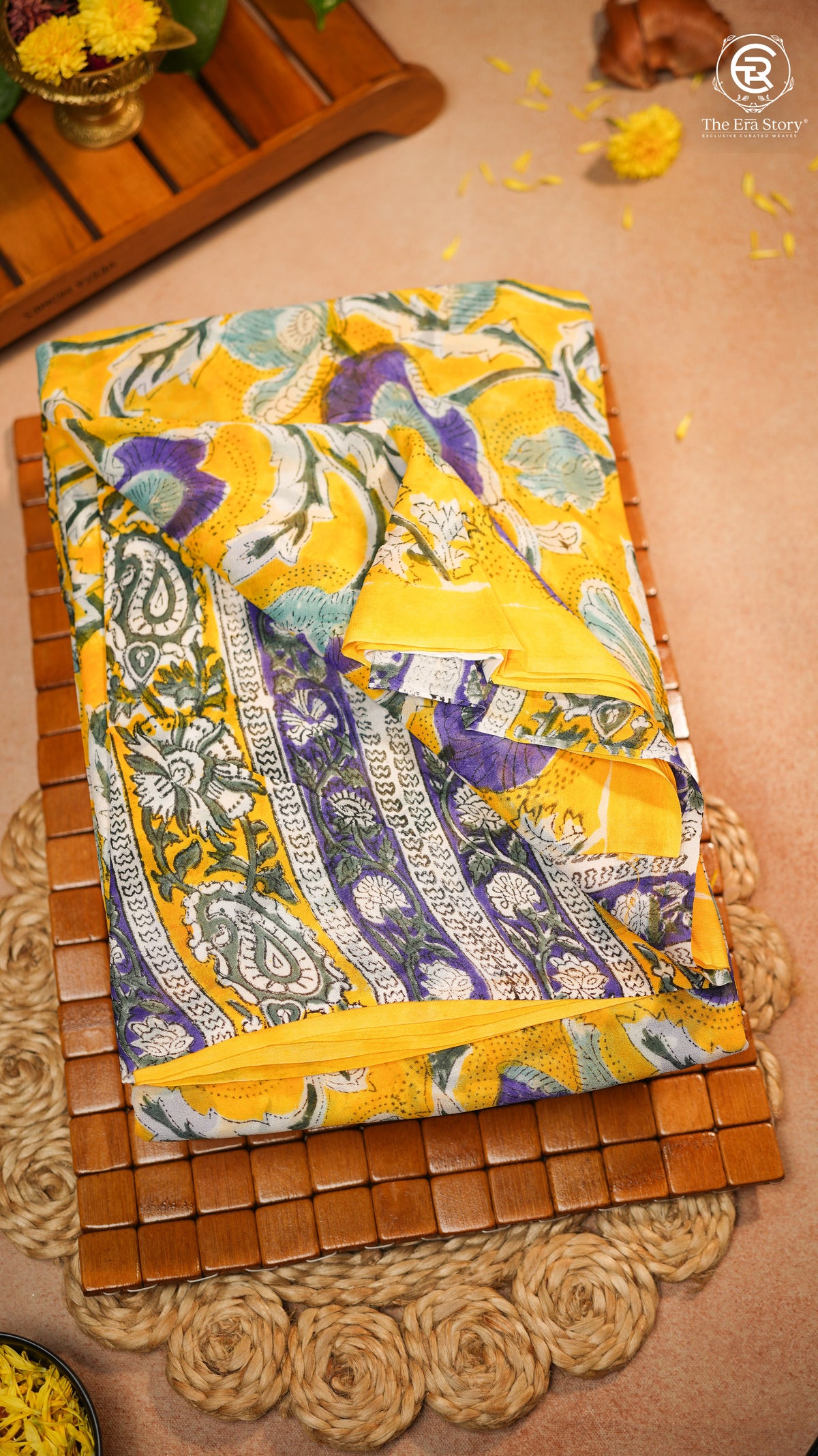 Yellow & Purple Vine Floral Handblocked Pure Georgette Saree