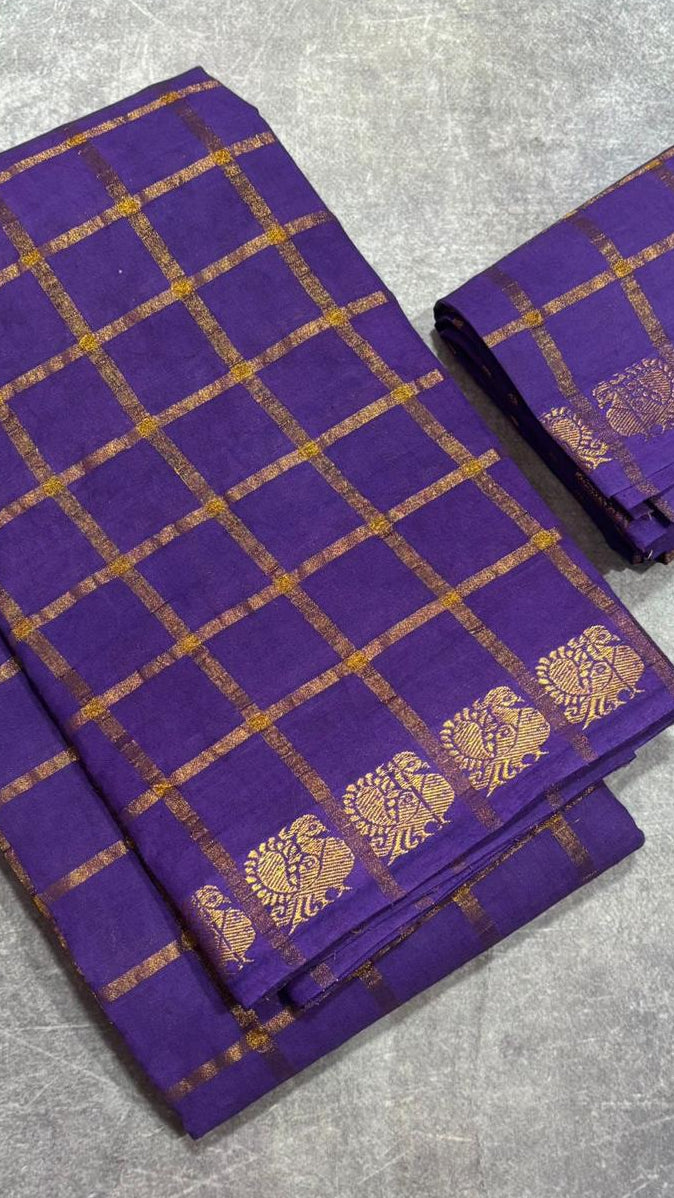 Purple Checkered Peacock Sungadi Pure Cotton Saree