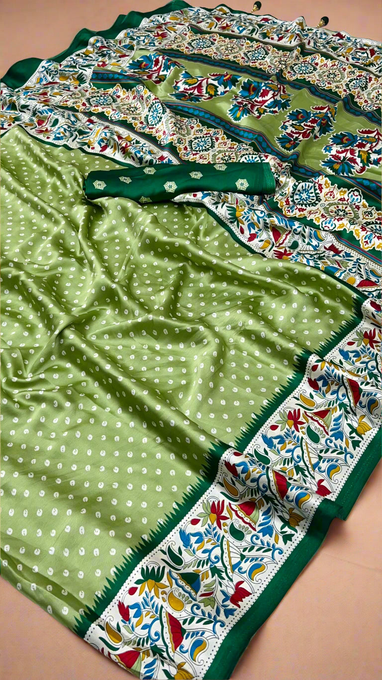 Green Bandhini Floral Ajrakh Gajji Silk Saree