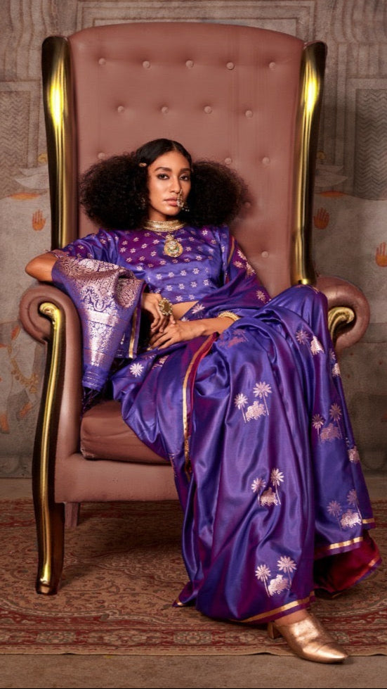 Purple Pichwai Zari Weaving Satin Munga Banarasi Silk Saree