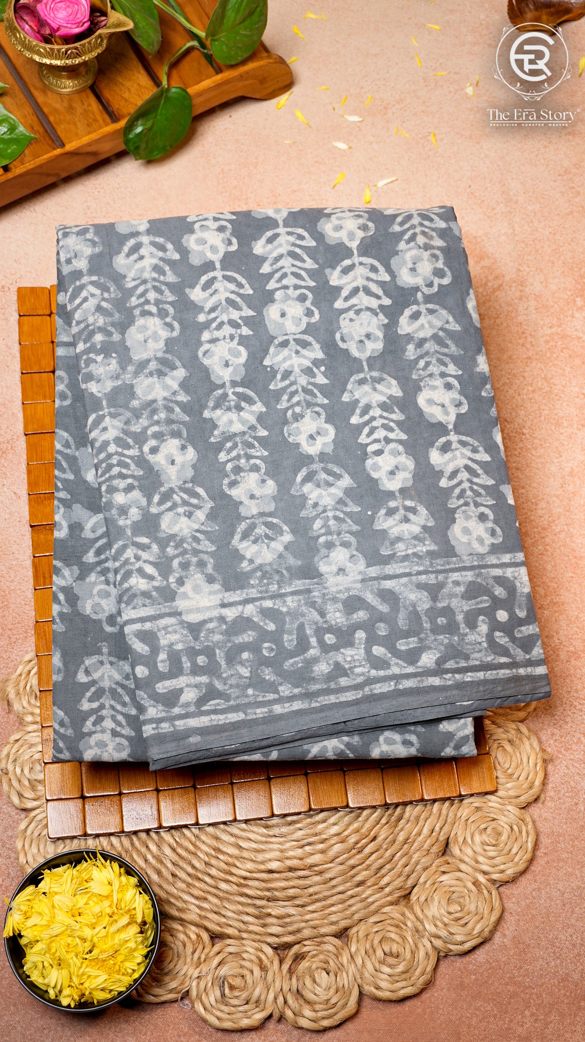 Grey Floral Handblocked Pure Cotton Saree