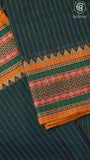 Peacock Teal Line Patterned Temple Border Handloom Narayanpet Cotton Saree