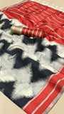 White and Red Ikkat Leheriya Handloom Weaving Cotton Banarasi Silk Saree