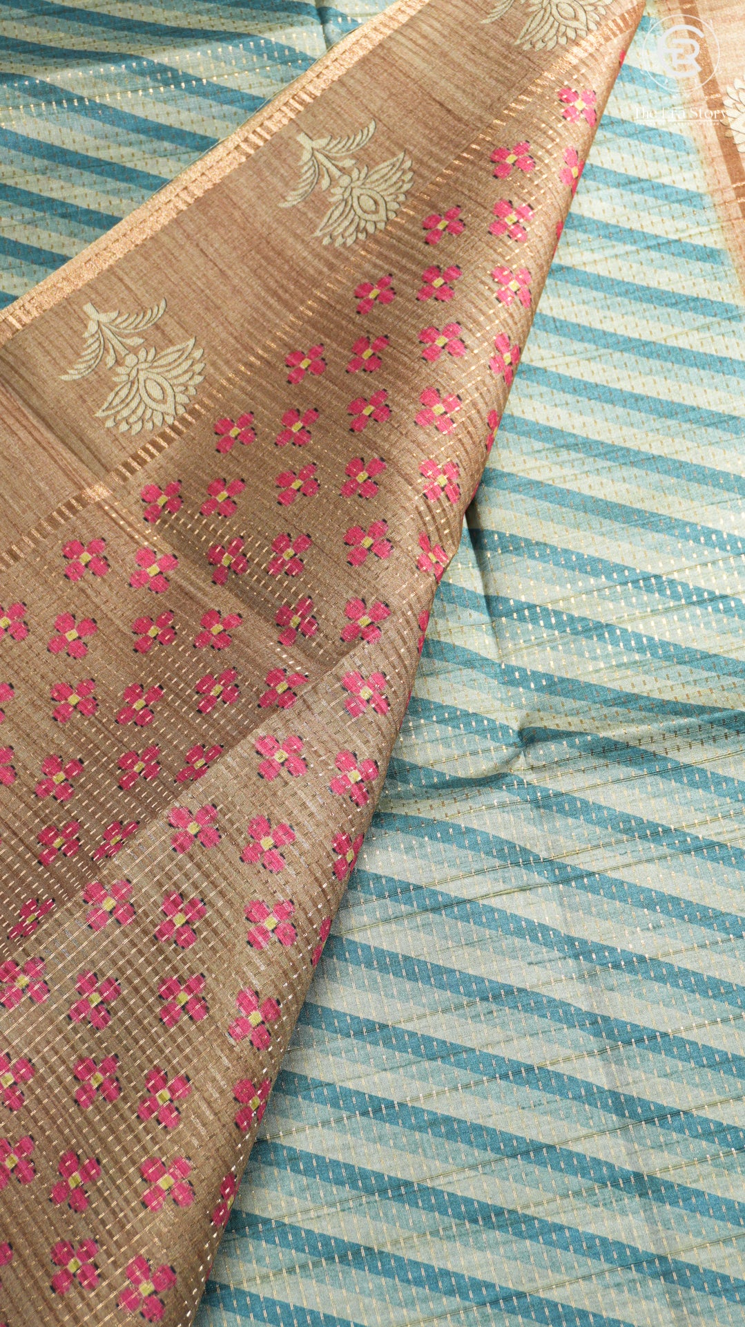 Beige Blue & Brown Diagonal Kantha Matka Tussar Silk Saree