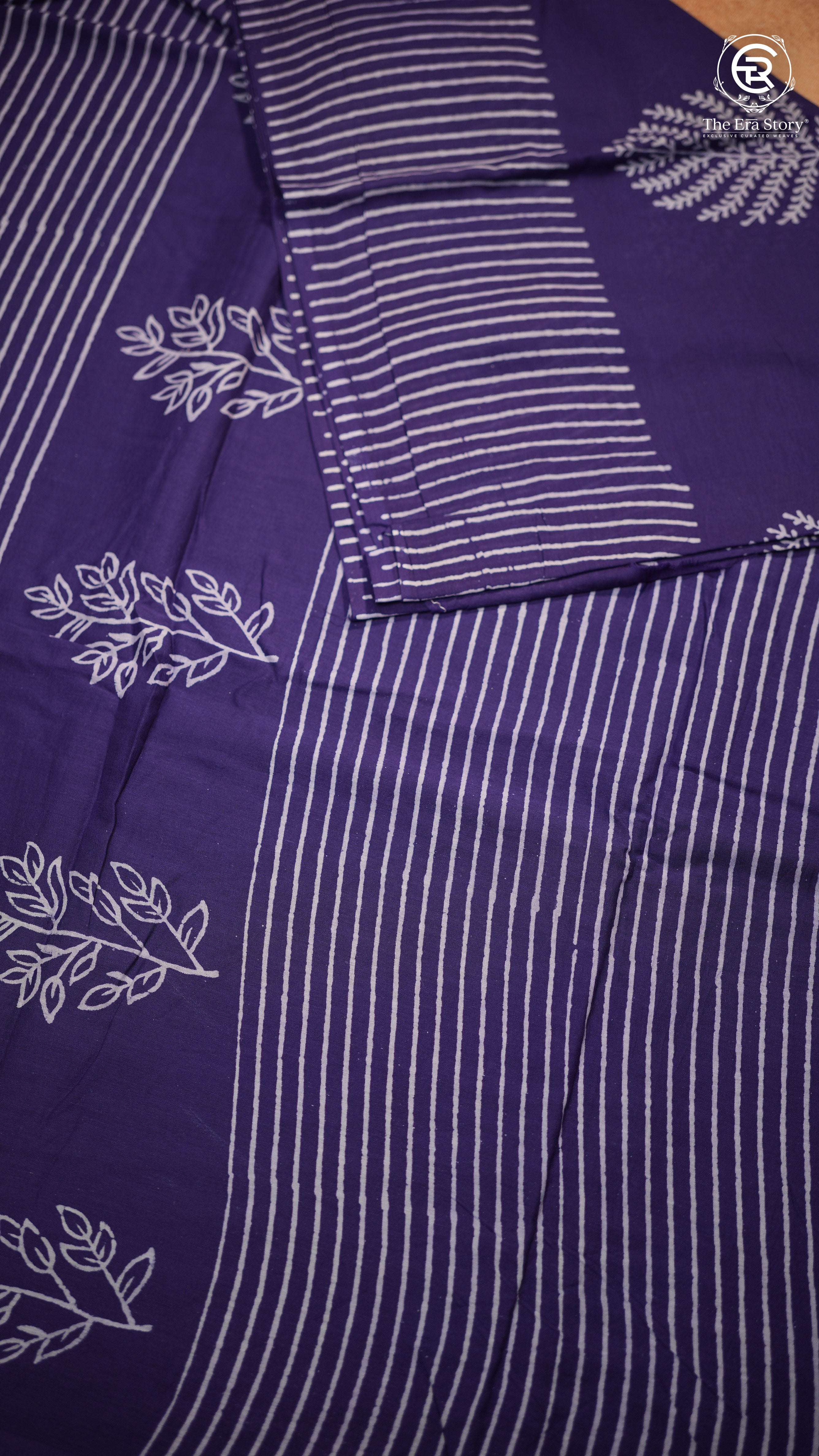 Indigo Blue Floral Contemporary Handblocked Pure Mul Cotton Saree