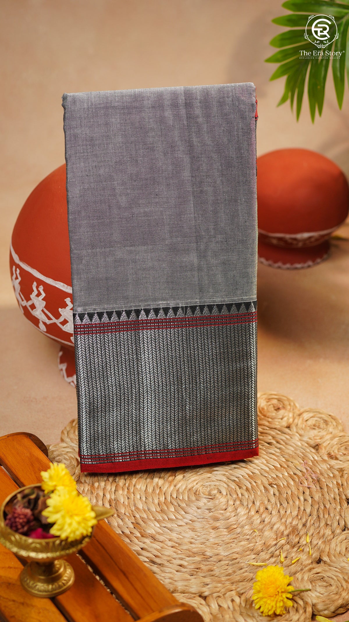 Mauve Grey & Red Silver Checkered Zari Border Handloom Narayanpet Cotton Saree