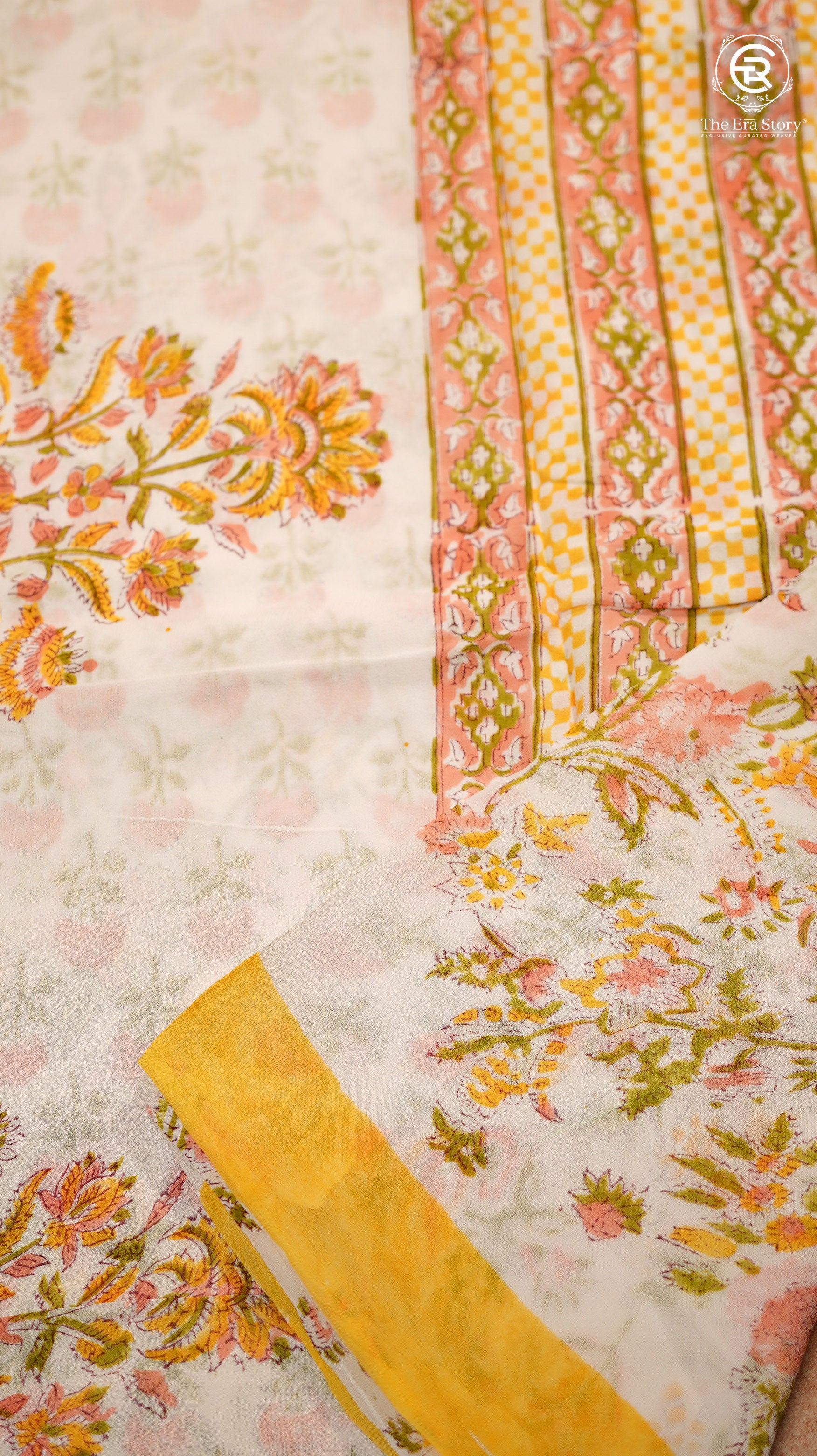 White & Yellow Floral Handblocked Pure Georgette Saree