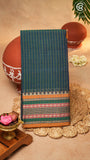 Peacock Teal Line Patterned Temple Border Handloom Narayanpet Cotton Saree