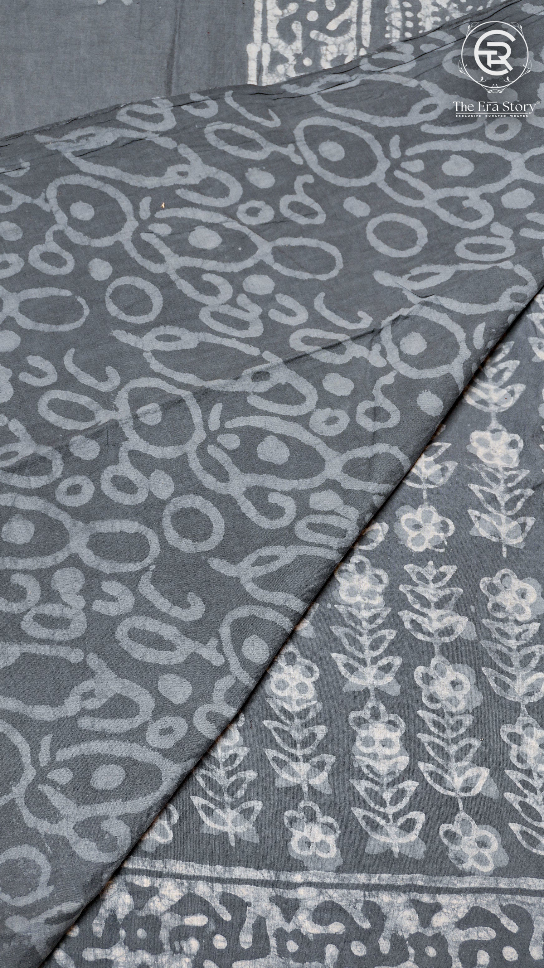 Grey Floral Handblocked Pure Cotton Saree