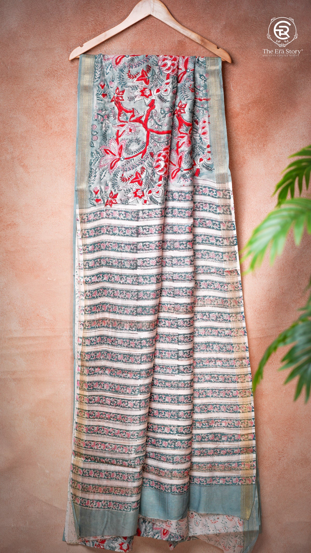Sage Green & Red Floral Handblocked Pure Maheshwari Cotton Saree