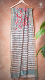 Sage Green & Red Floral Handblocked Pure Maheshwari Cotton Saree