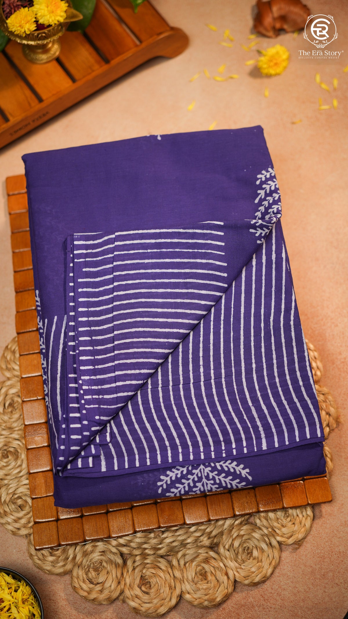 Indigo Blue Floral Contemporary Handblocked Pure Mul Cotton Saree