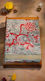 Sage Green & Red Floral Handblocked Pure Maheshwari Cotton Saree