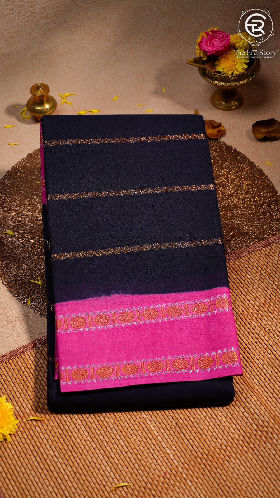 Navy Blue & Pink Handloom Sungadi Pure Cotton Saree