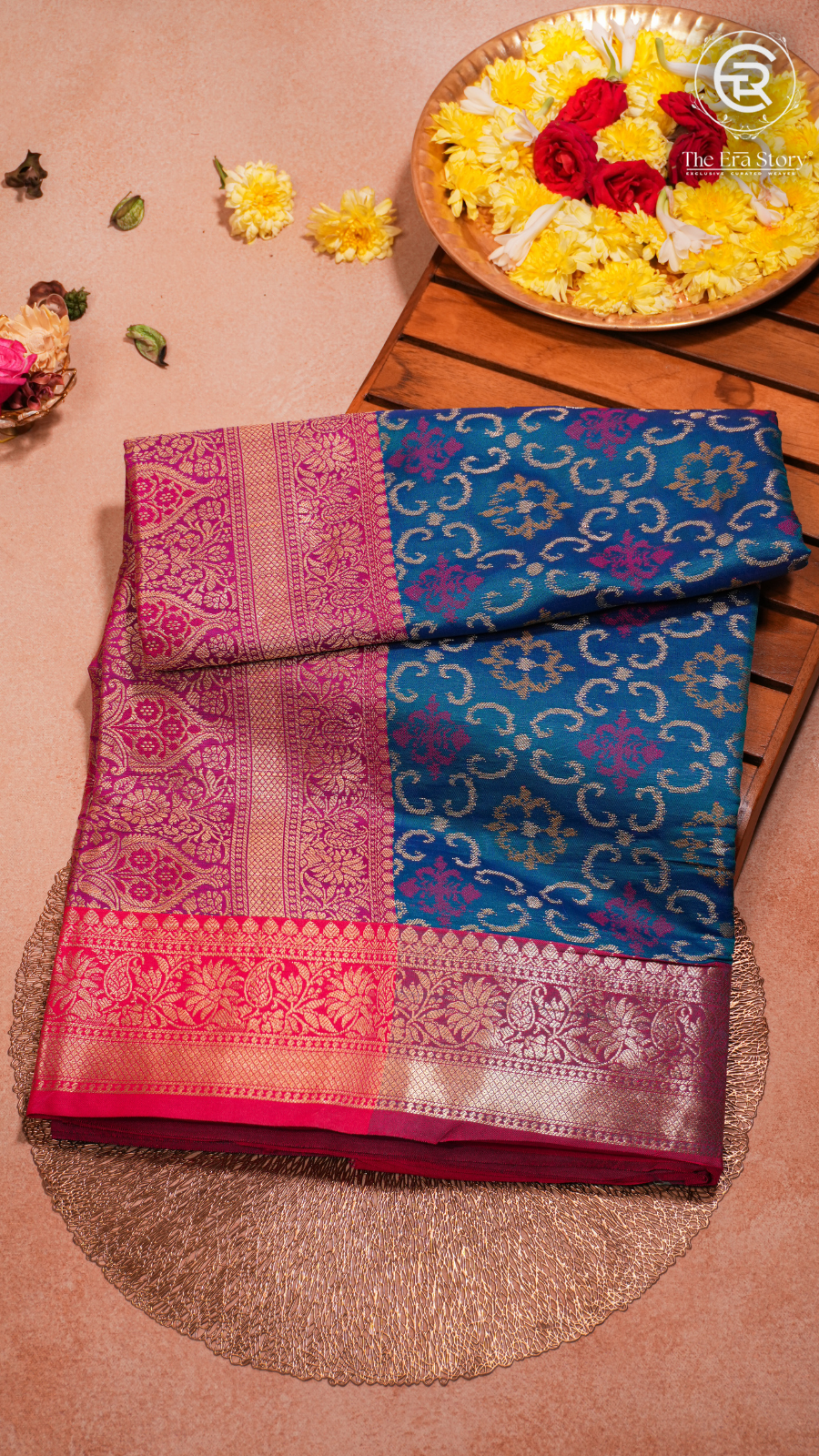 Blue and Pink Zari Weaved Banarasi Silk Saree