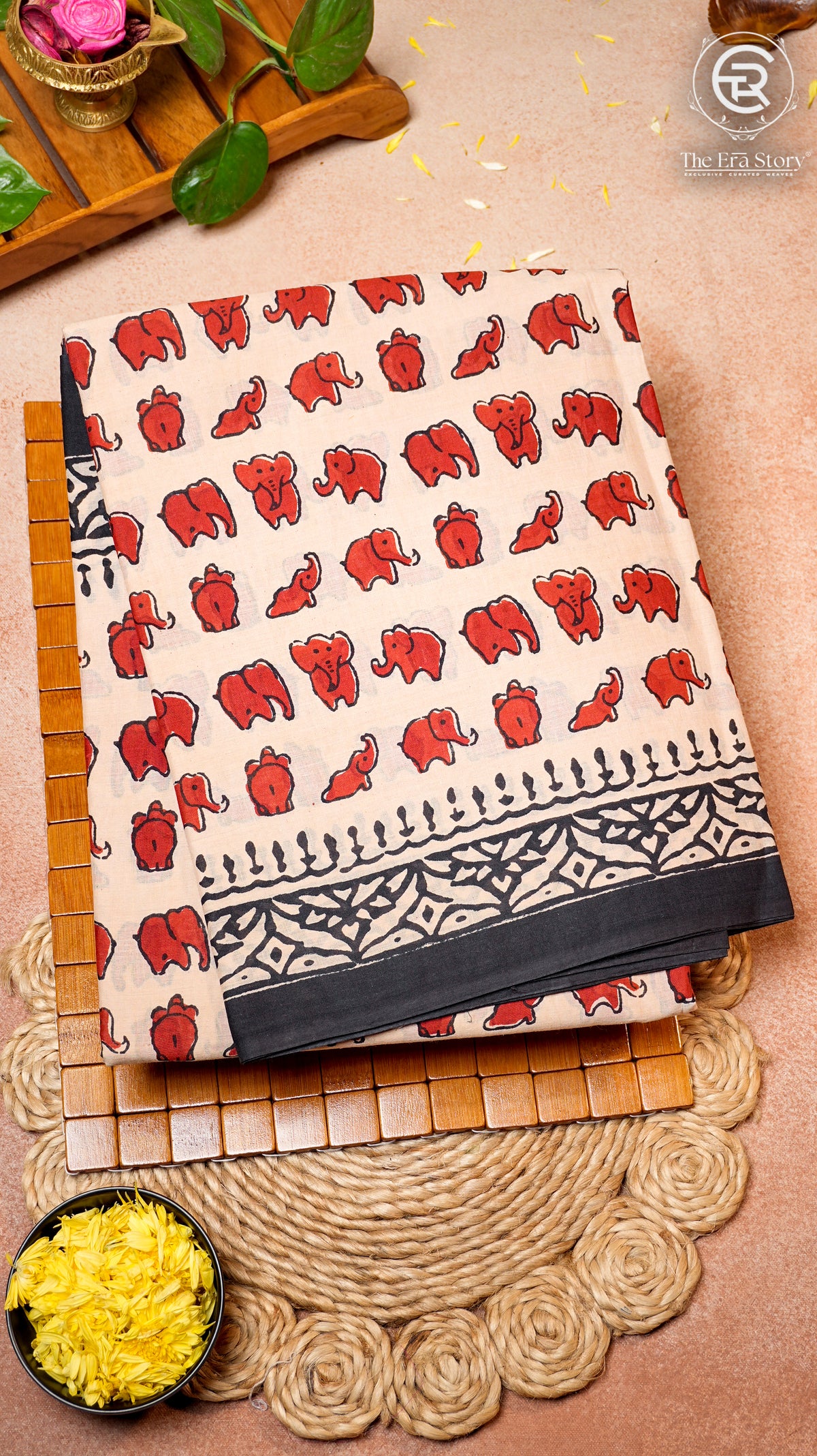 White and Red Elephant Design Handblocked Pure Cotton Saree