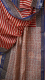 Beige Red & Blue Ajrakh Handblocked Pure Maheshwari Cotton Saree
