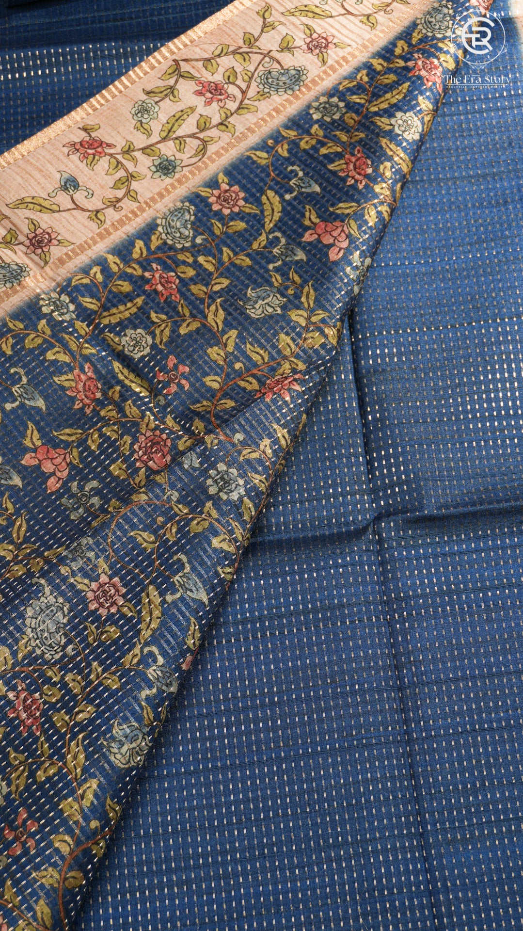 Navy Blue & Beige Floral Border Kantha Matka Tussar Silk Saree