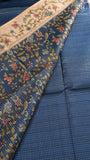 Navy Blue & Beige Floral Border Kantha Matka Tussar Silk Saree