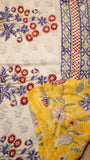 White & Yellow Floral Handblocked Pure Georgette Saree