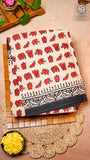 White and Red Elephant Design Handblocked Pure Cotton Saree