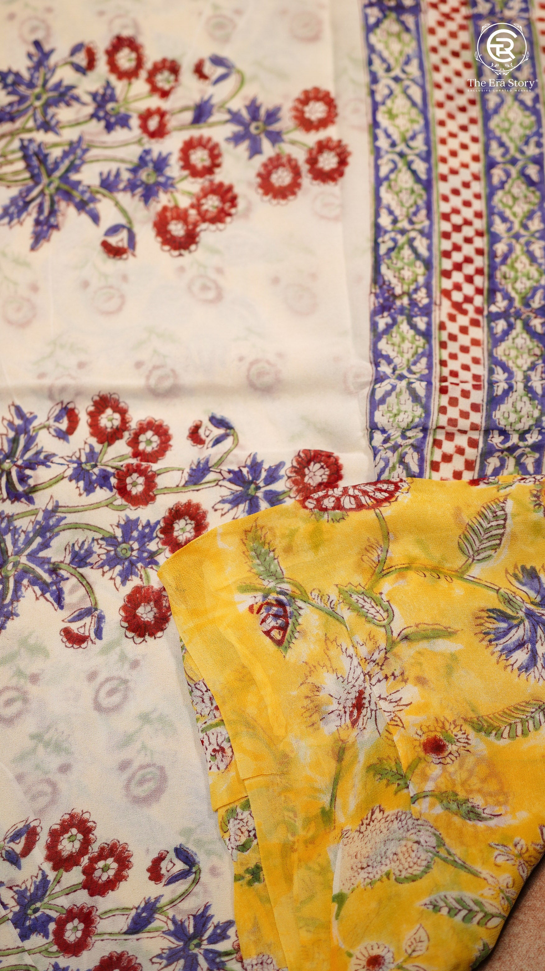Yellow & Blue Floral Vine Handblocked Pure Georgette Saree