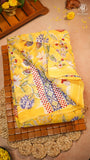 Yellow & Blue Floral Vine Handblocked Pure Georgette Saree