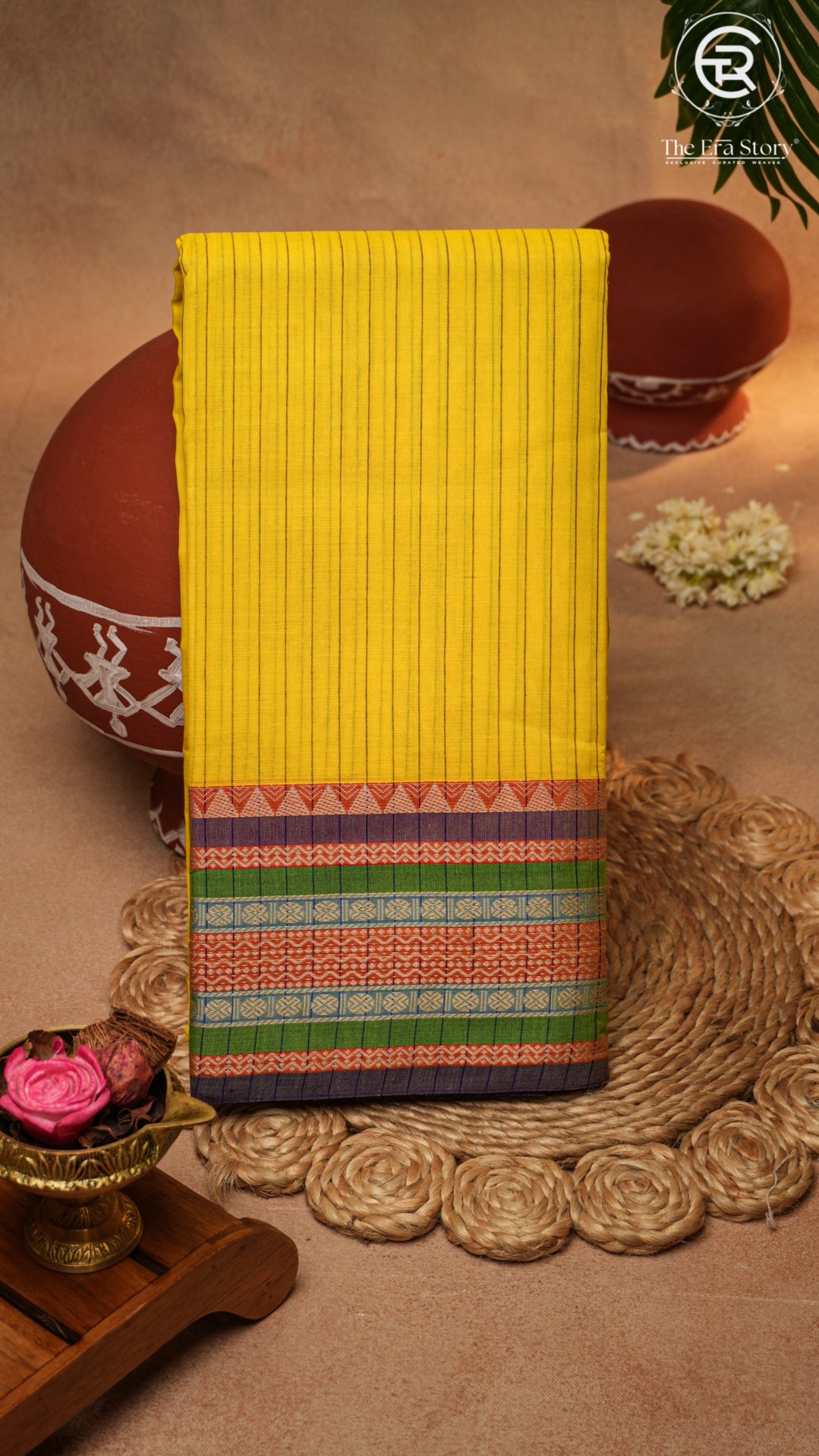 Yellow Line Patterned Temple Border Handloom Narayanpet Cotton Saree