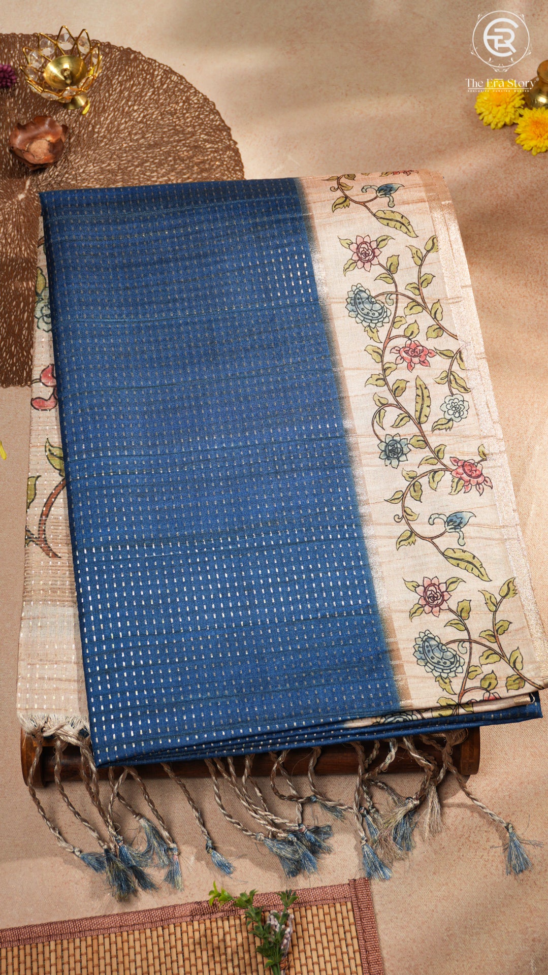 Navy Blue & Beige Floral Border Kantha Matka Tussar Silk Saree