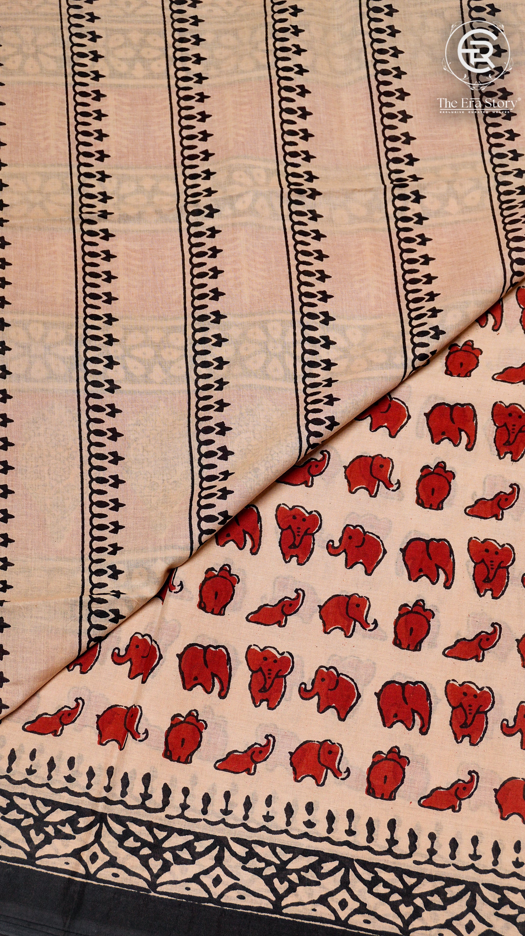 White and Red Elephant Design Handblocked Pure Cotton Saree