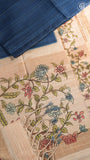 Navy Blue & Beige Floral Border Kantha Matka Tussar Silk Saree