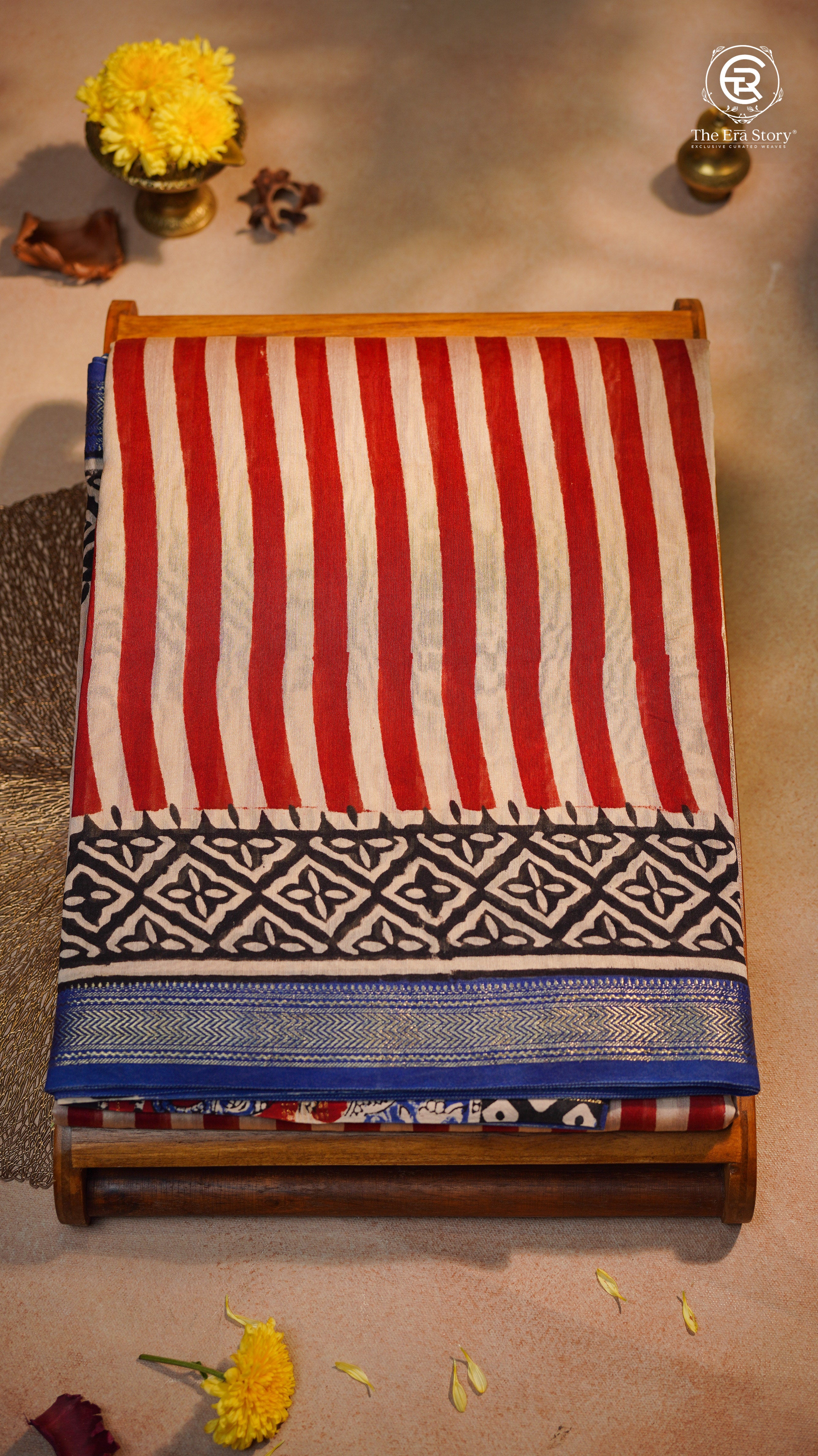 Beige Red & Blue Ajrakh Handblocked Pure Maheshwari Cotton Saree