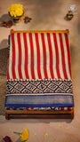 Beige Red & Blue Ajrakh Handblocked Pure Maheshwari Cotton Saree