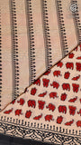 White and Red Elephant Design Handblocked Pure Cotton Saree