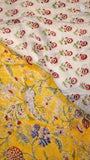 Yellow & Blue Floral Vine Handblocked Pure Georgette Saree