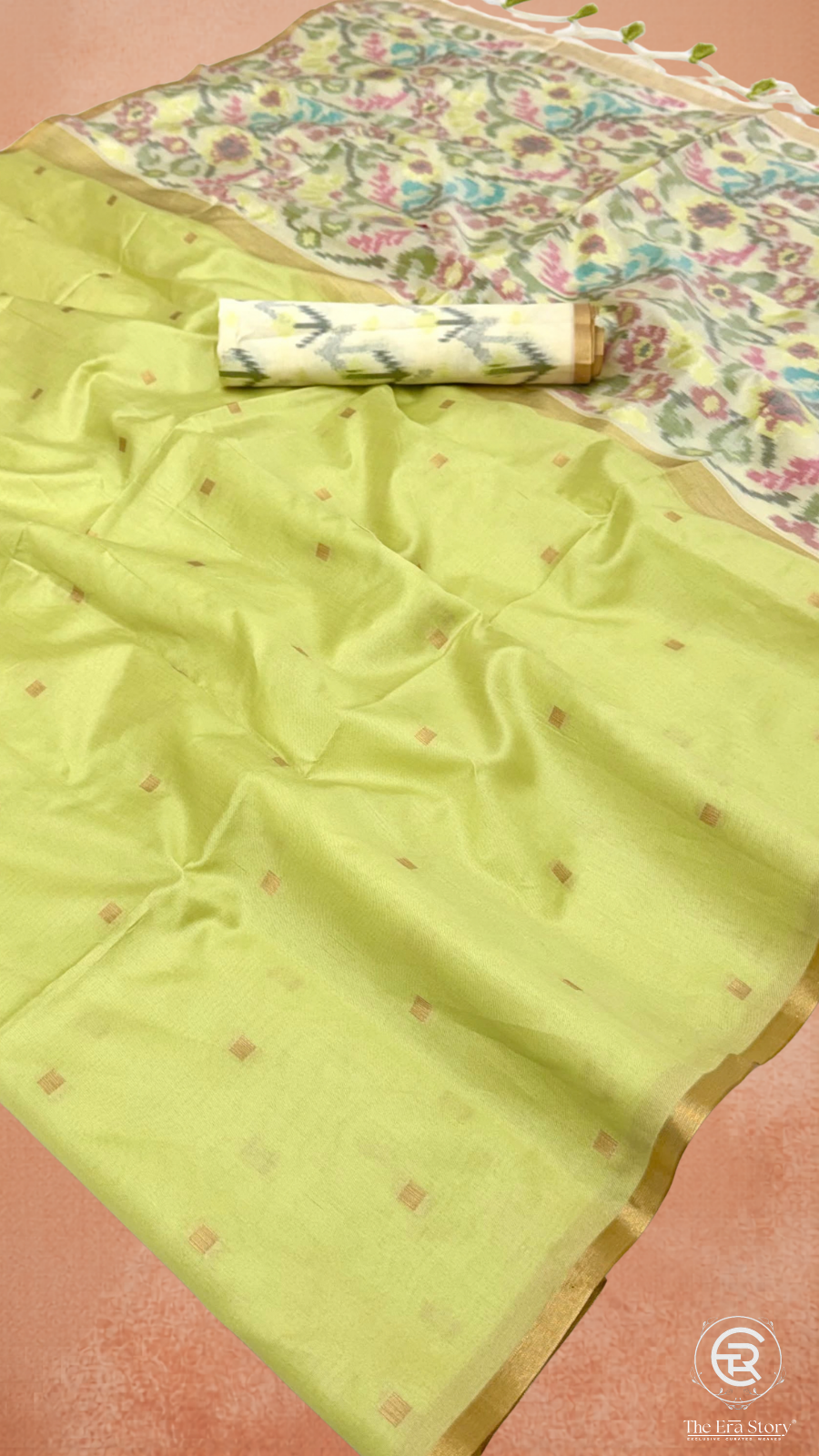 Green & Gold Ikkat Floral Cotton Saree