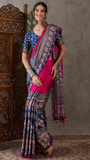 Pink and Blue Ajrakh Satin Crepe Silk Saree