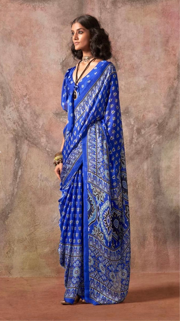 Blue Ajrakh Satin Georgette Silk Saree