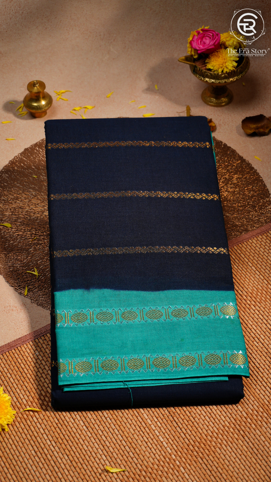 Navy Blue & Turquoise Handloom Sungadi Pure Cotton Saree