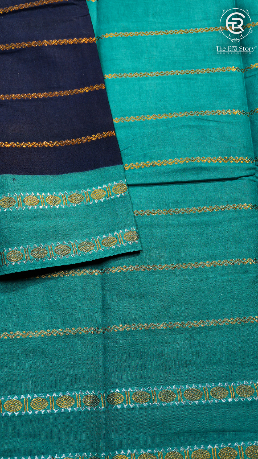 Navy Blue & Turquoise Handloom Sungadi Pure Cotton Saree