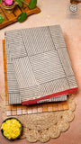 White and Red Geometric Handblocked Pure Cotton Saree