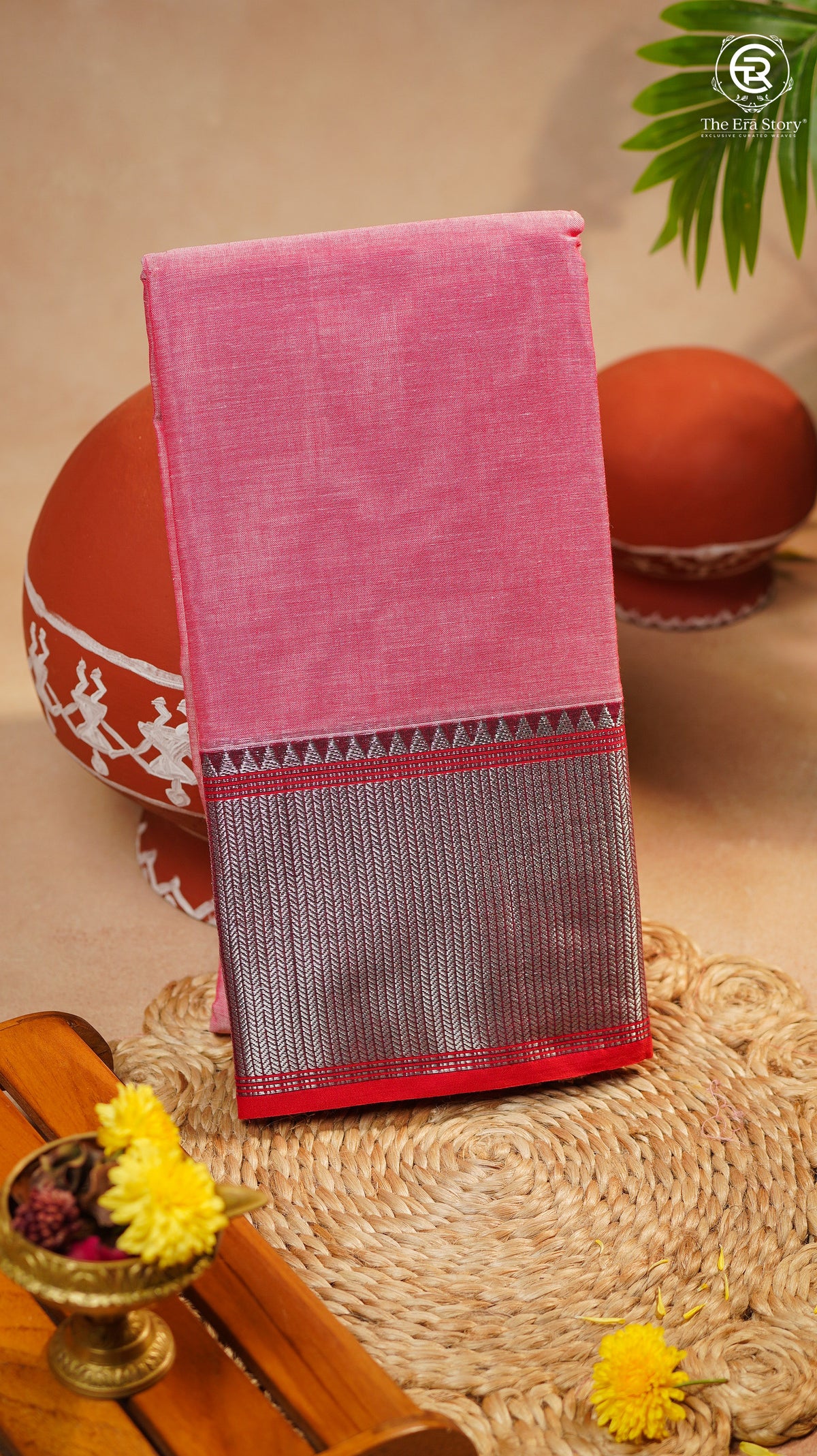 Pink & Red Silver Checkered Zari Border Handloom Narayanpet Cotton Saree