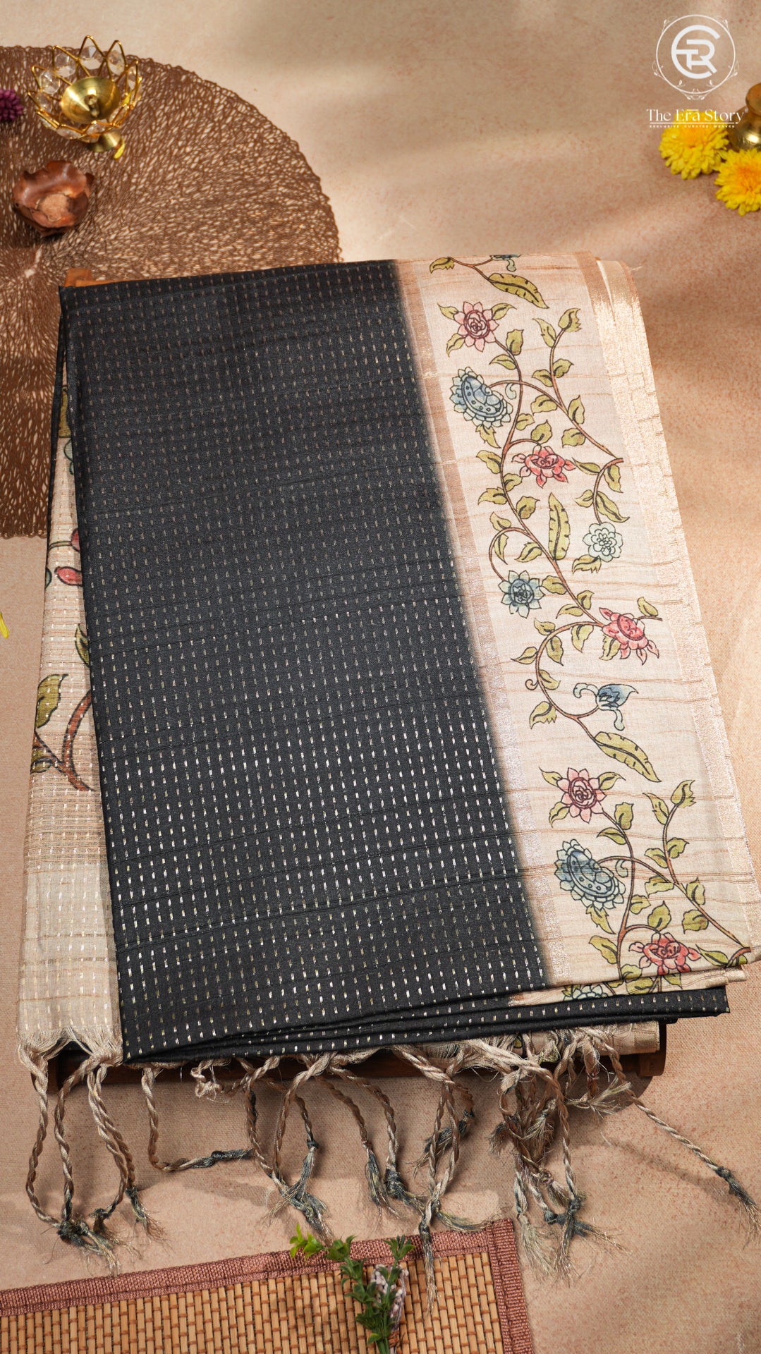 Black & Beige Floral Border Kantha Matka Tussar Silk Saree