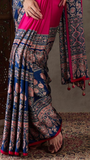 Pink and Blue Ajrakh Satin Crepe Silk Saree