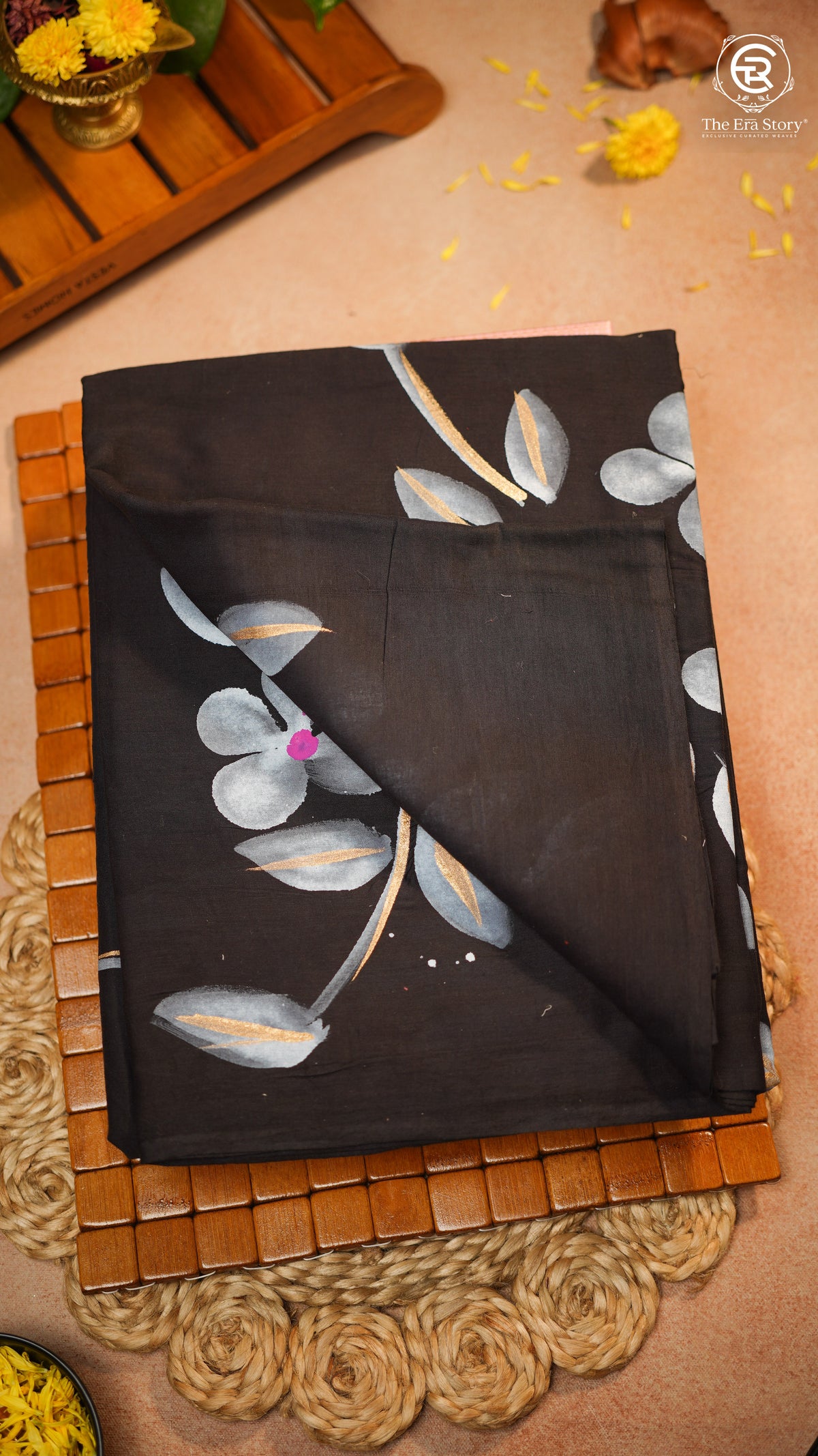 Black White Floral Handblocked Pure Mul Cotton Saree