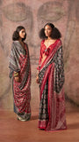 Red and Black Ajrakh Satin Georgette Silk Saree