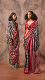 Black and Red Ajrakh Satin Georgette Silk Saree