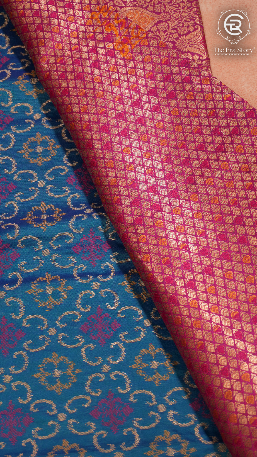 Blue and Pink Zari Weaved Banarasi Silk Saree